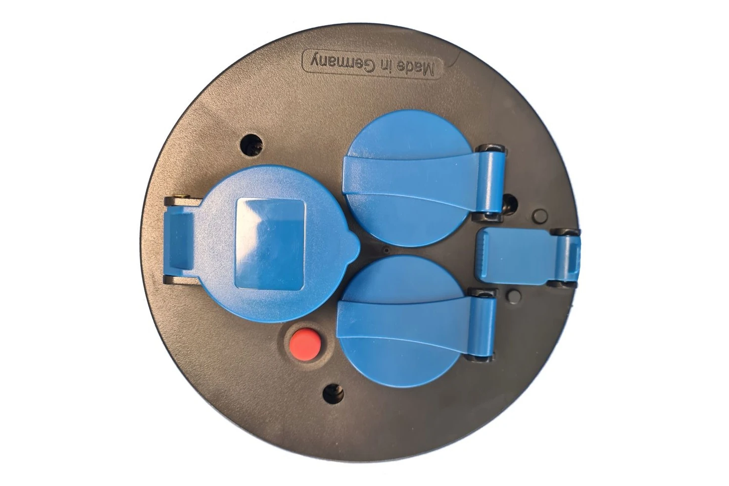 Panel 3-gniazdowy CEE 230 V z USB-A i USB-C, z niebieskimi klapkami IP44